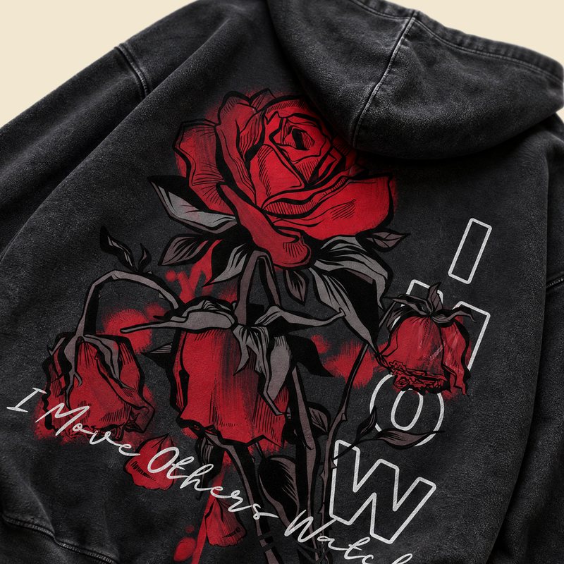 Washed black hoodie with a red rose back print and IMOW lettering