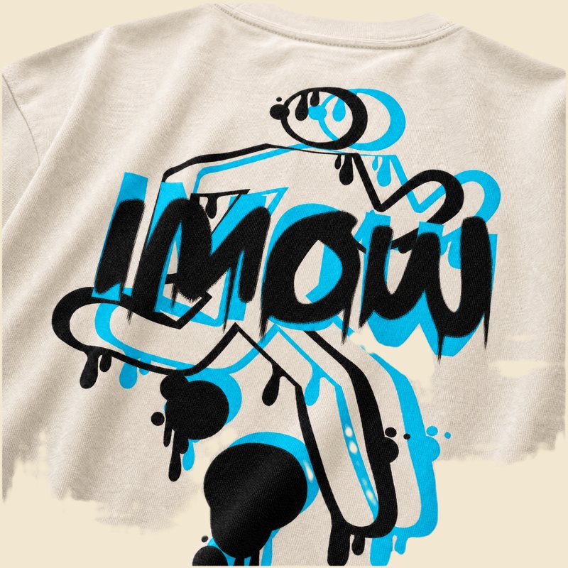 Cream tee with a black and blue IMOW graffiti back print