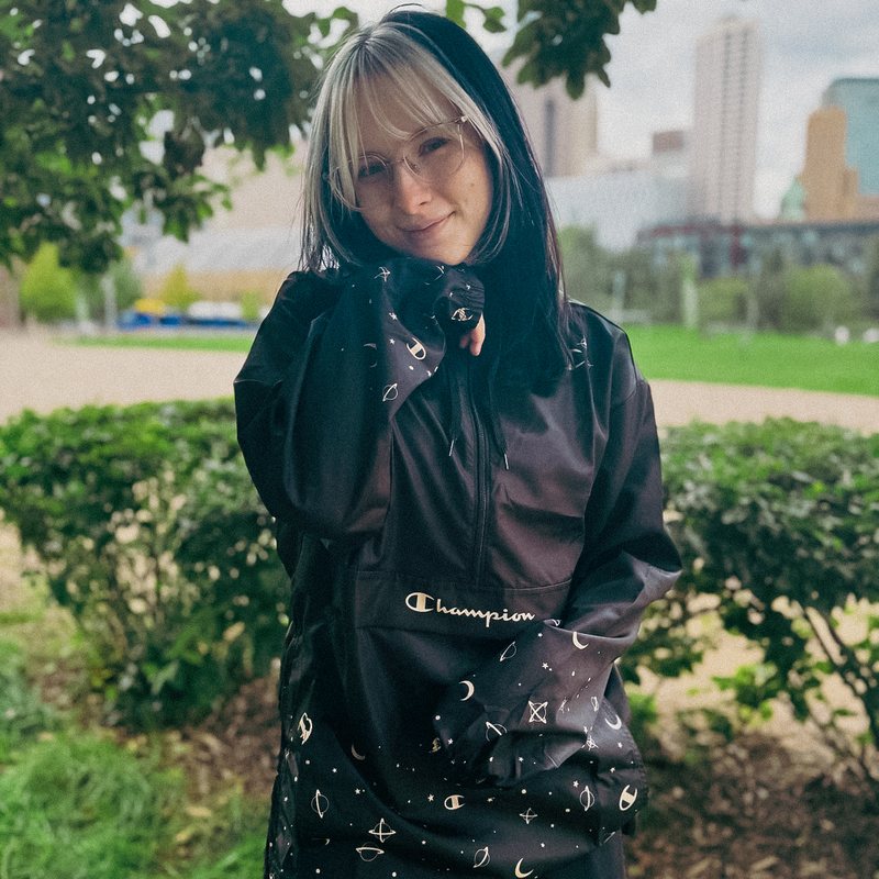 Aspen in the Champion space-print anorak