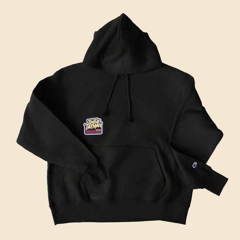 Black Champion hoodie with TimTheTatman 2026 chest patch